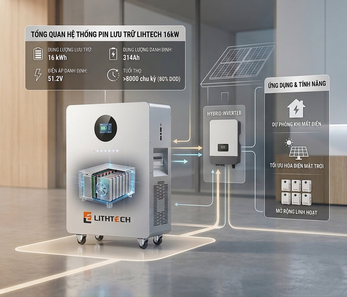 Pin lưu trữ điện mặt trời Lithium Lihtech 16kW giá tốt