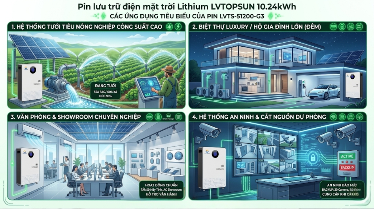 ứng dụng pin lưu trữ điện mặt trời lithium LVTOPSUN 10.24Kwh