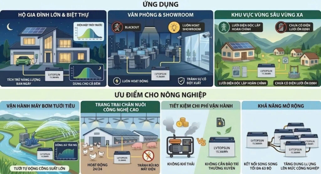 ưu điểm PIN lưu trữ điện mặt trời lithium LVTOPSUN 15.26KW
